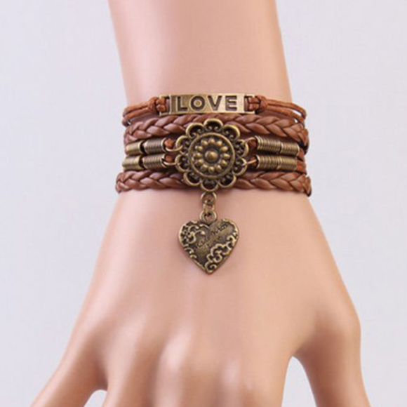Jewelry - heart charm LOVE Sunflower bronze Leather Bracelet